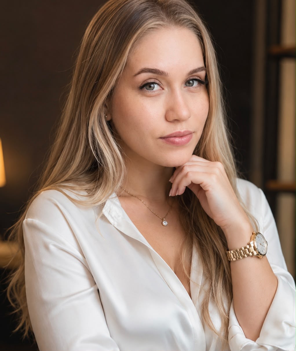 otografia profissional da advogada Priscila Meneses, especialista em Direito do Consumidor e Direito Civil, sorrindo e olhando para a câmera com um relógio dourado no pulso.